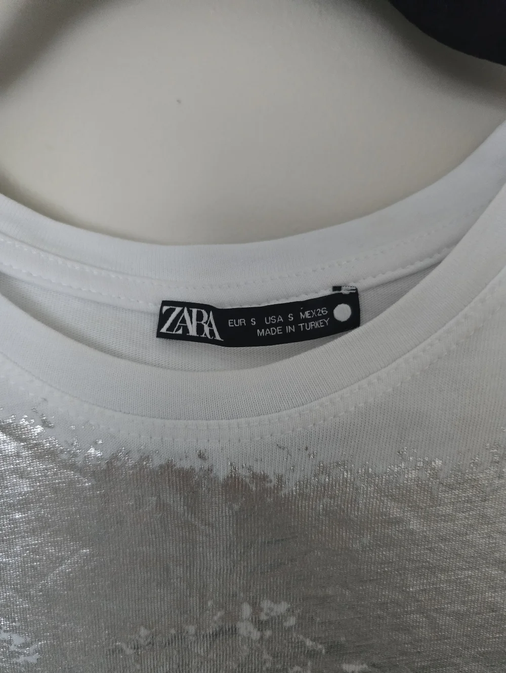 Zara White Tee with Silver Foil Panel Size S Oversized Cotton - Picture 2 of 7
